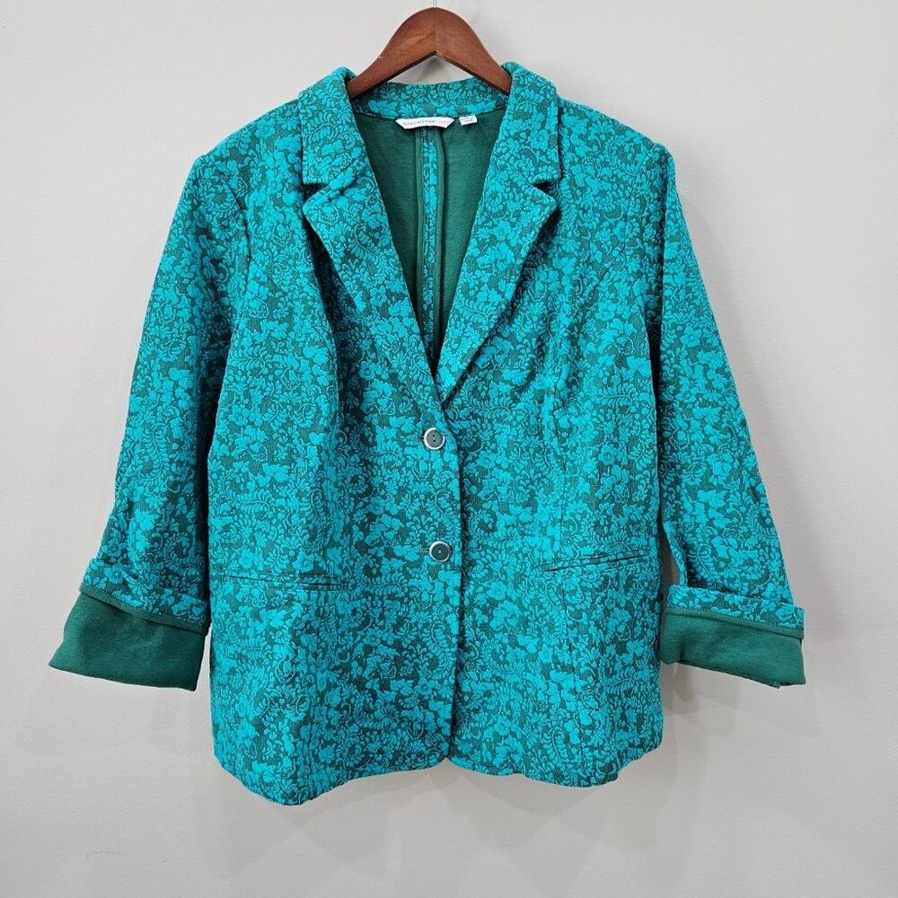 Isaac Mizrahi Live Teal Green Floral Textured Blazer Jacket 2 Button Womens 2X